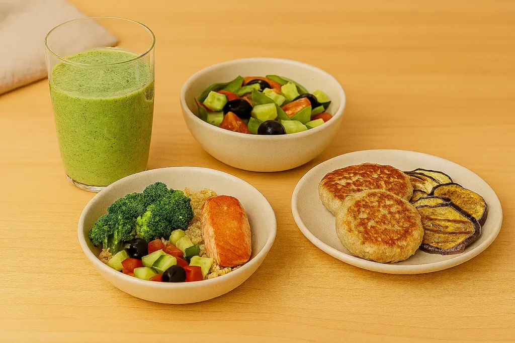 Ejemplo de comida para dieta SIBO: Salmón con verduras, hamburguesa casera con berenjena y ensalada