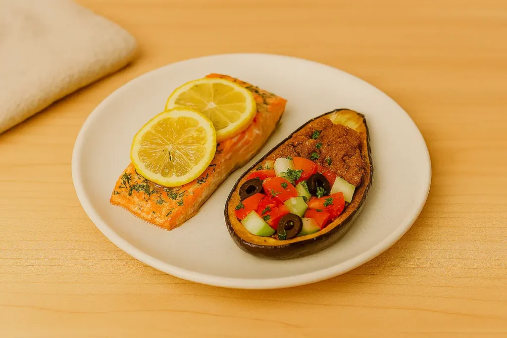 Salmón al horno y berenjena rellena