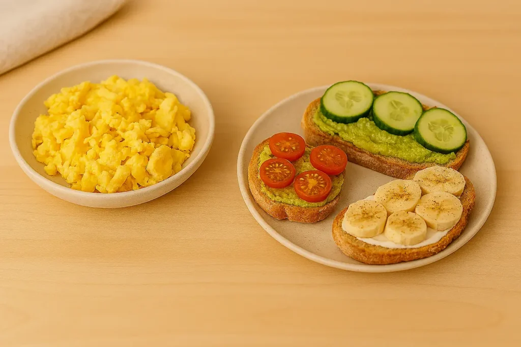 Tostadas y huevos revueltos