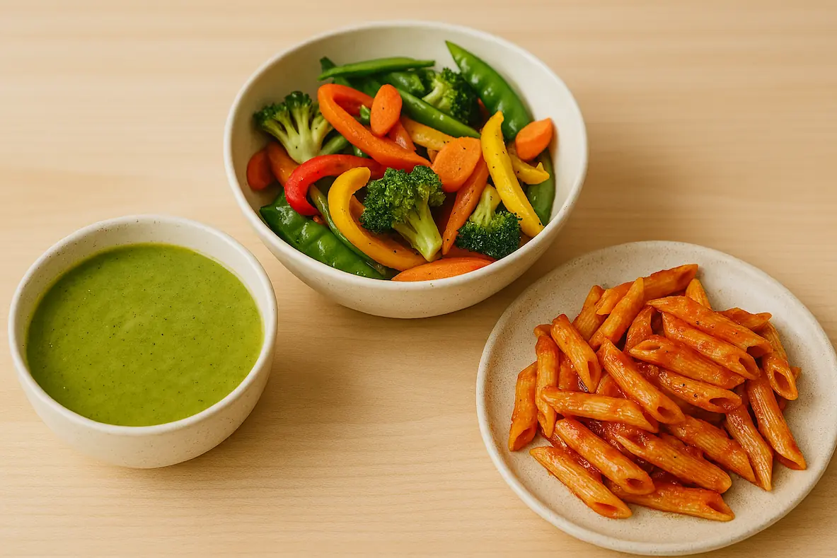 Salteado de verduras, macarrones con tomate y crema de verduras